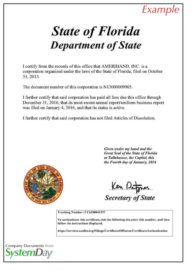 Certificate of Good Standing Florida example