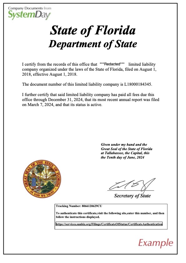 Certificate of Good Standing Florida example