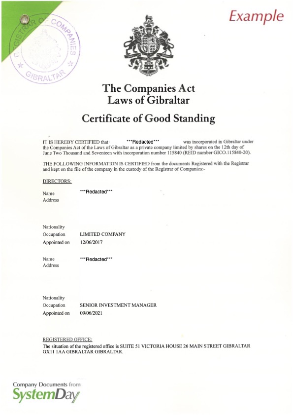 Certificate of Good Standing Gibraltar example