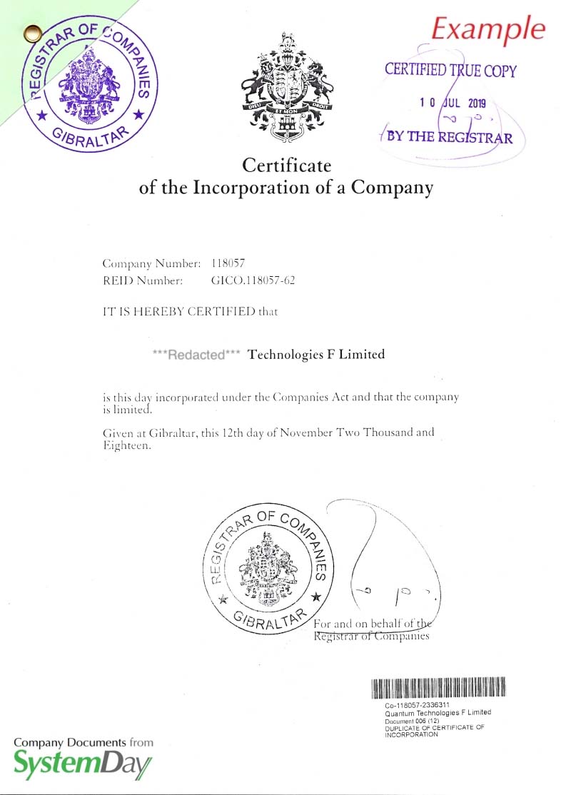 Gibraltar Certificate of Incorporation