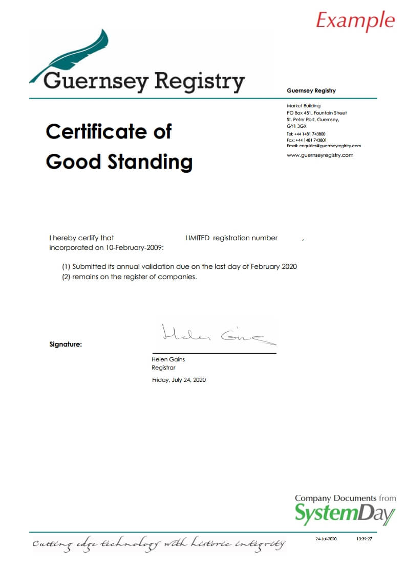 Certificate of Good Standing Guernsey example