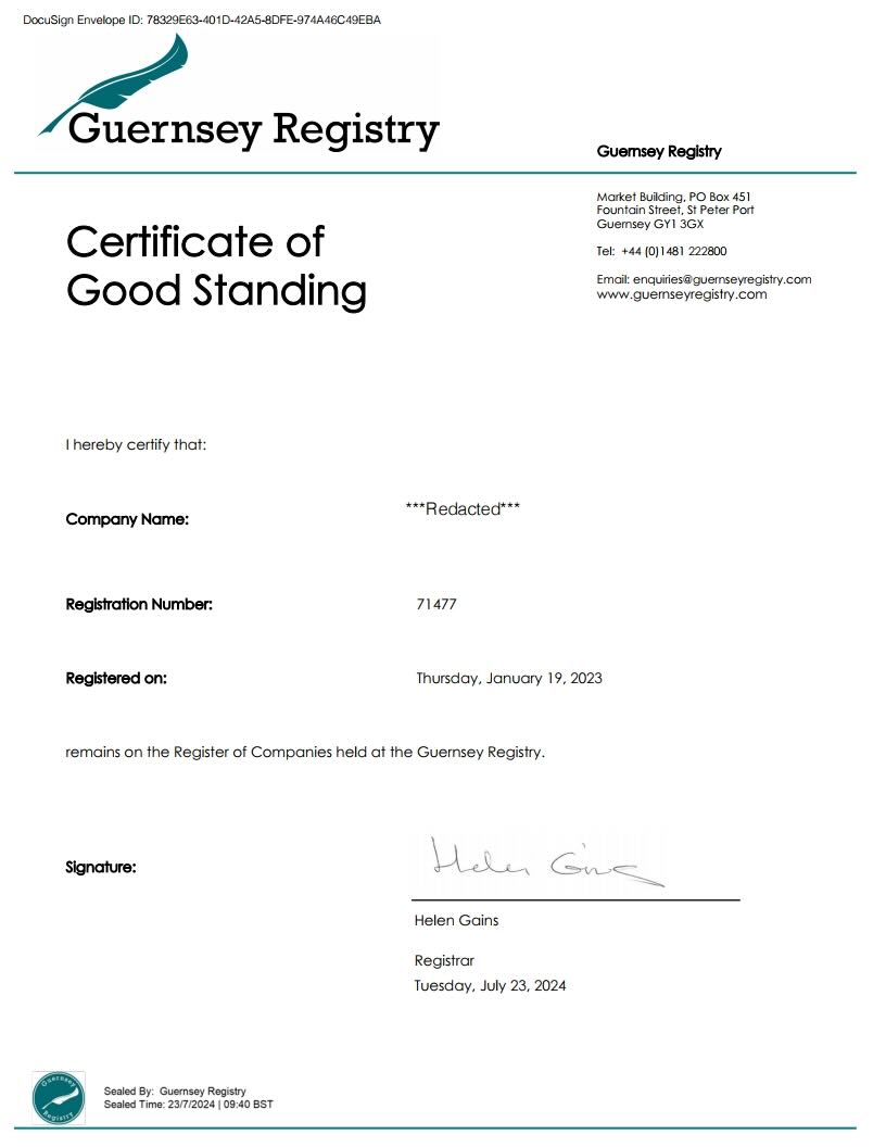 Certificate of Good Standing Guernsey example