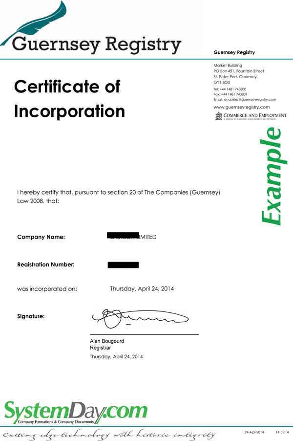 Guernsey Certificate of Incorporation