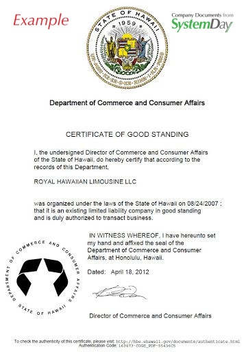 Certificate of Good Standing Hawaii example