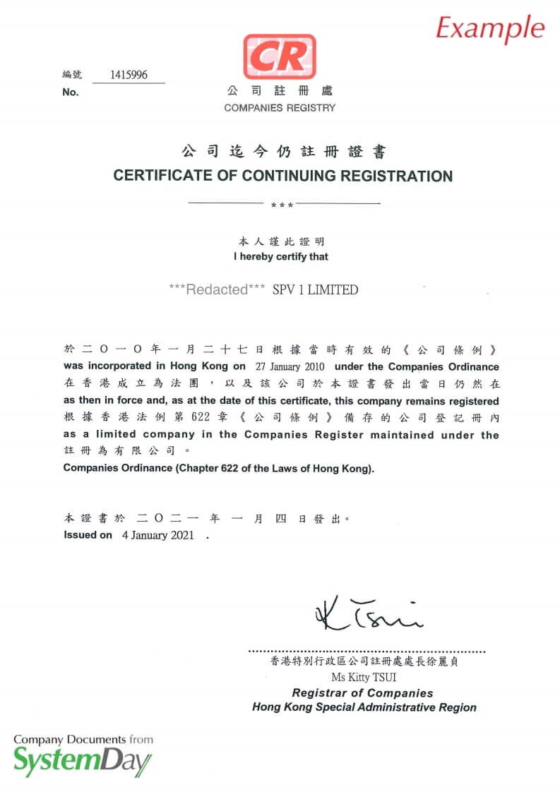 Certificate of Good Standing Hong Kong example