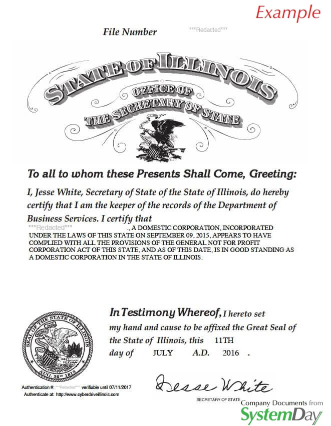 Certificate of Good Standing Illinois example 