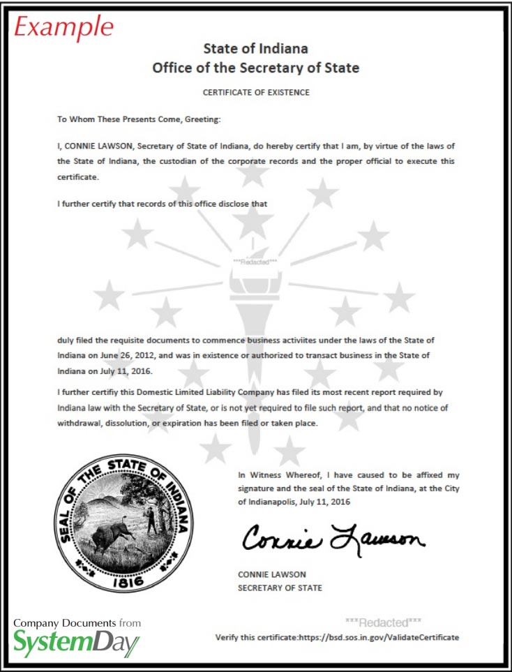Certificate of Good Standing Indiana example