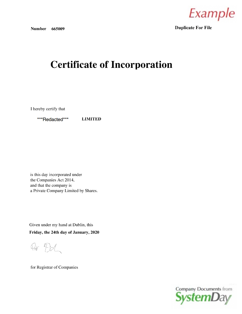 Ireland Certificate of Incorporation 