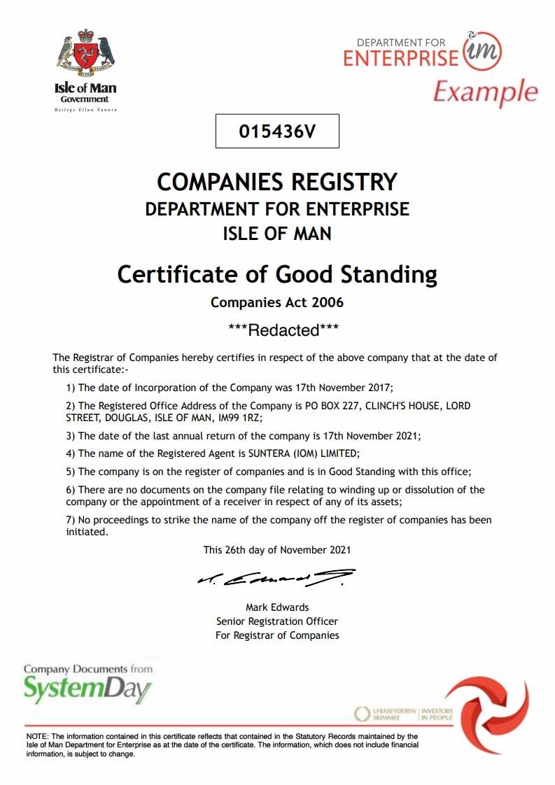 Certificate of Good Standing Isle of Man example