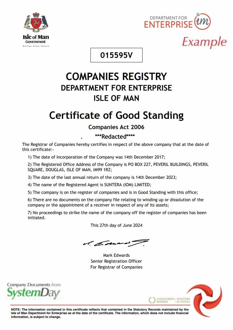 Certificate of Good Standing Isle of Man example