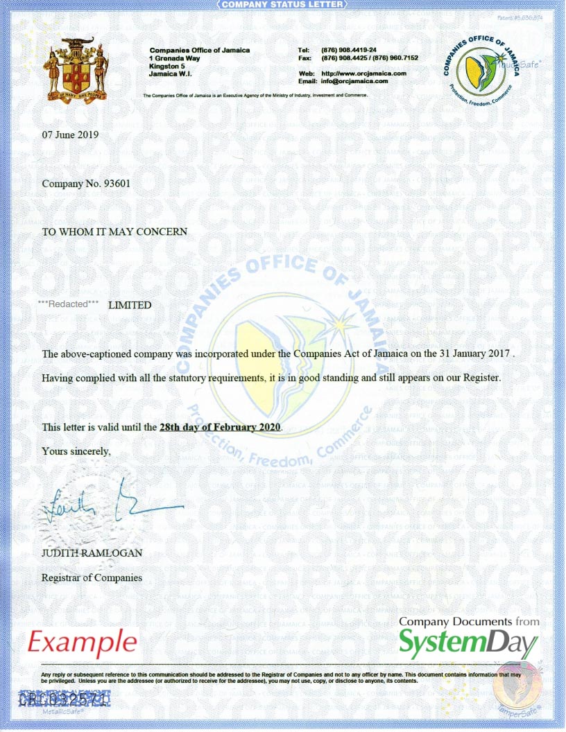 Certificate of Good Standing Jamaica example
