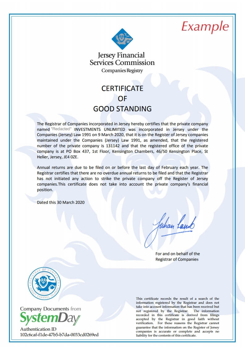 Certificate of Good Standing Jersey