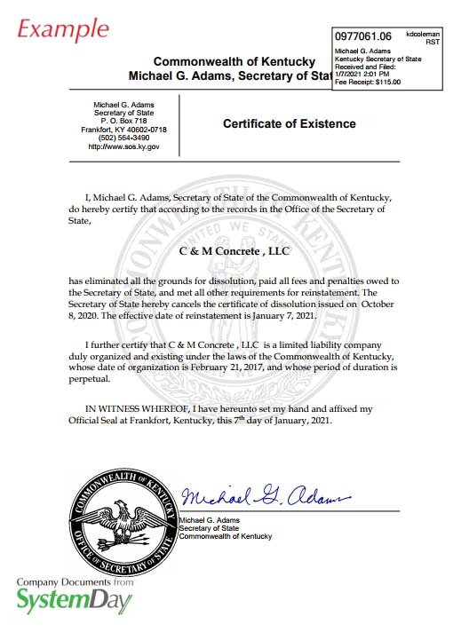 Certificate of Good Standing Kentucky example