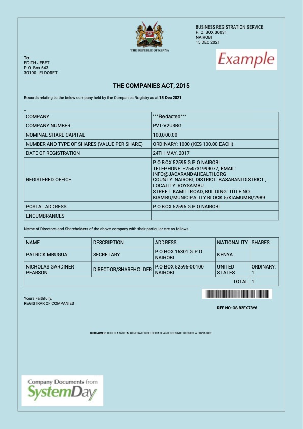 Kenya - Certificate of Registration