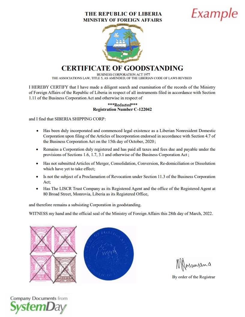 Certificate of Good Standing Liberia example