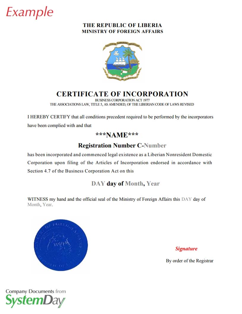 Liberia Certificate of Incoproation