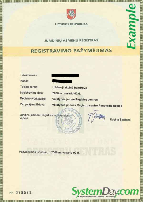 Lithuania Certificate of Incorporation