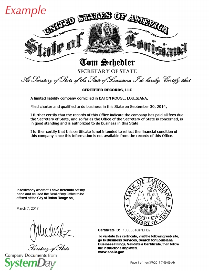 Certificate of Good Standing Louisiana example