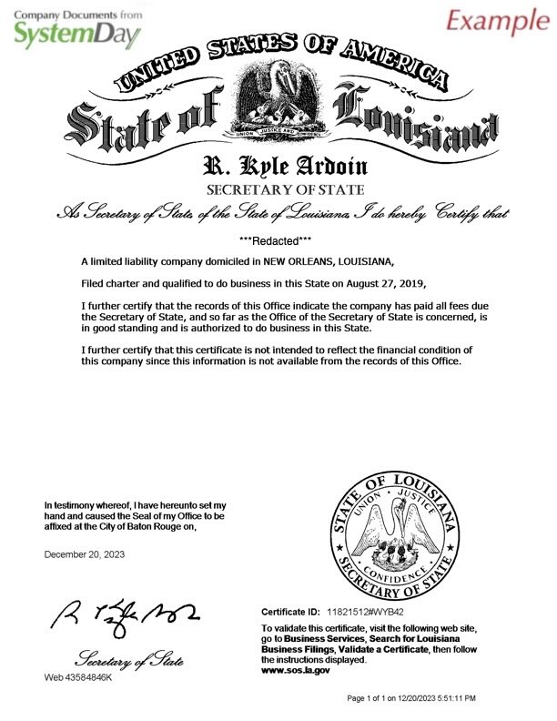 Certificate of Good Standing Louisiana example