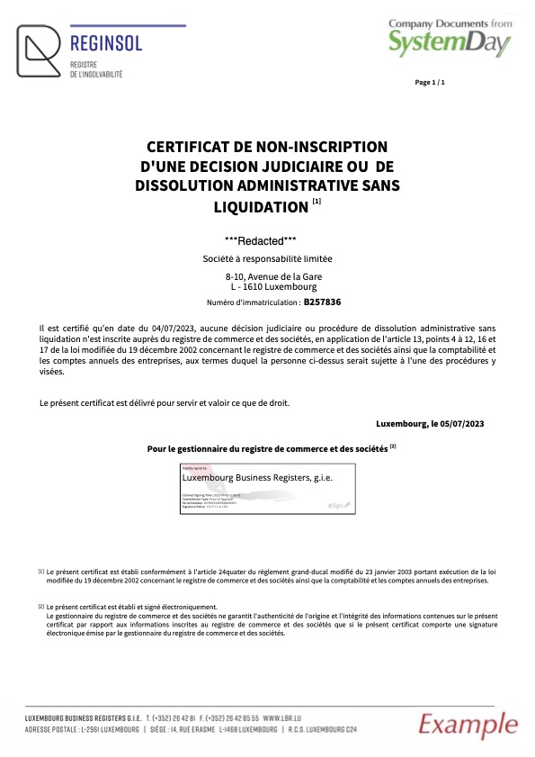 Certificate of Good Standing Luxembourg example