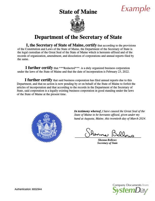 Certificate of Good standing Maine example