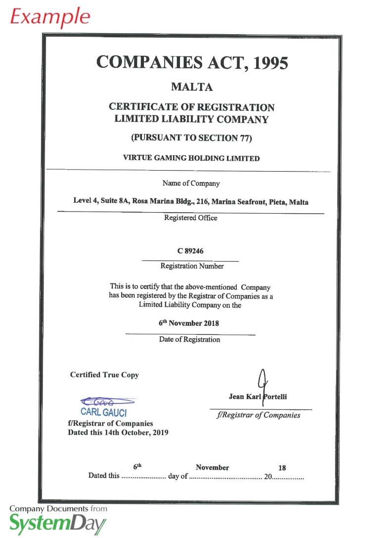 Malta Certificate of Incorporation