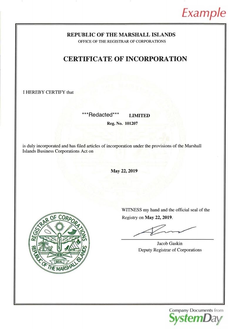 Marshall Islands Certificate of Incorporation