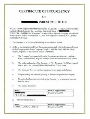 marshall islands certificate of incumbency