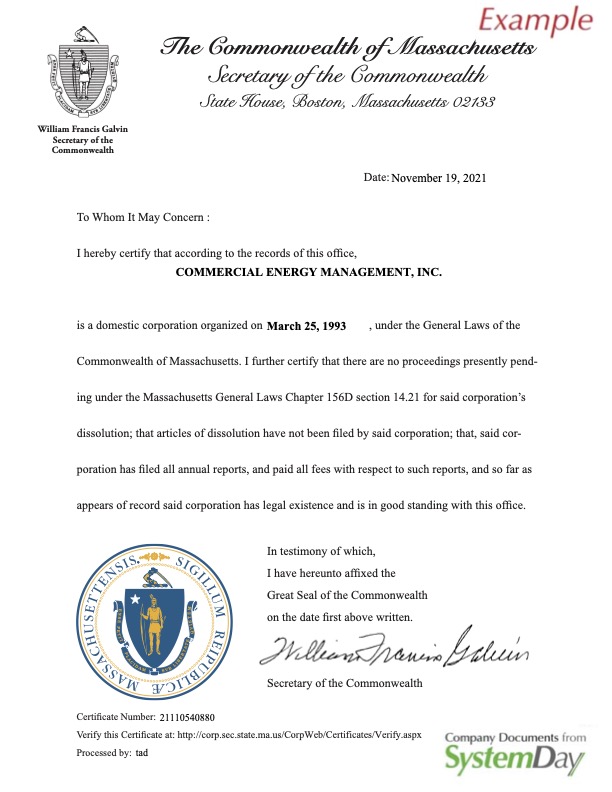 Certificate of Good Standing Massachusetts example
