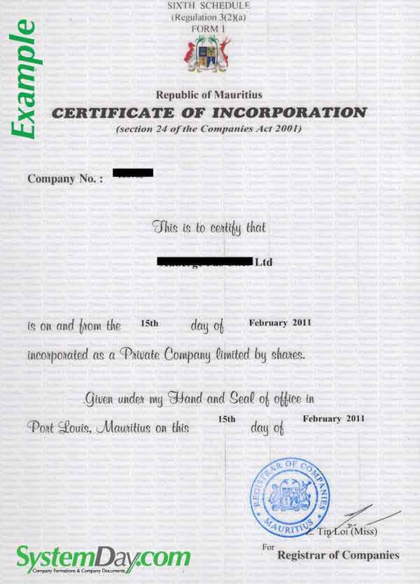Mauritius Certificate of Incorporation