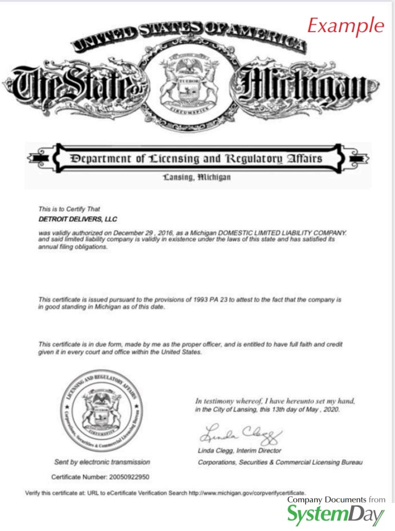 Certificate of Good Standing Michigan example
