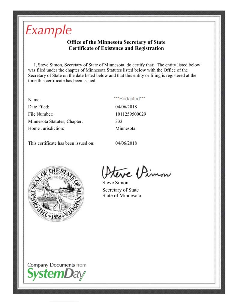 Certificate of Good Standing Minnesota example