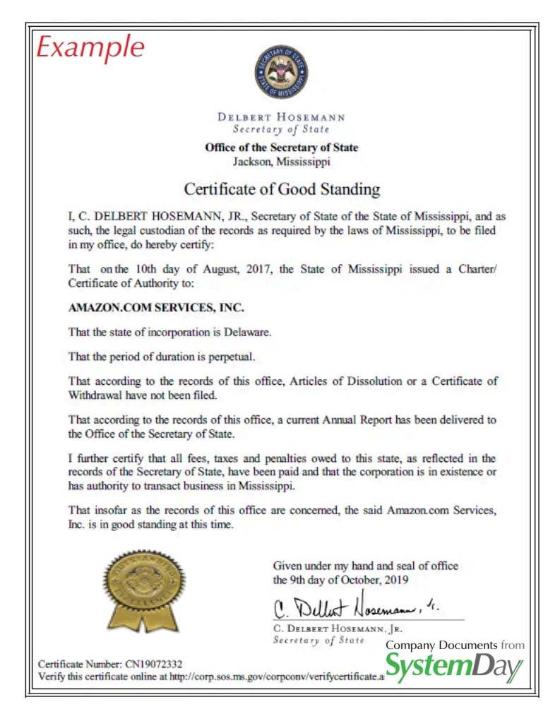 Certificate of Good Standing Mississippi example