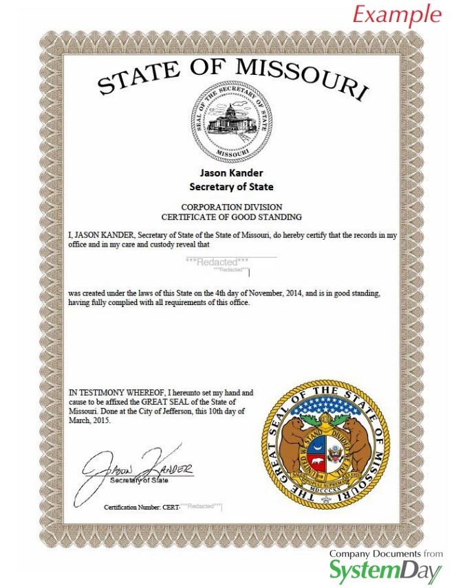 Certificate of Good Standing Missouri example