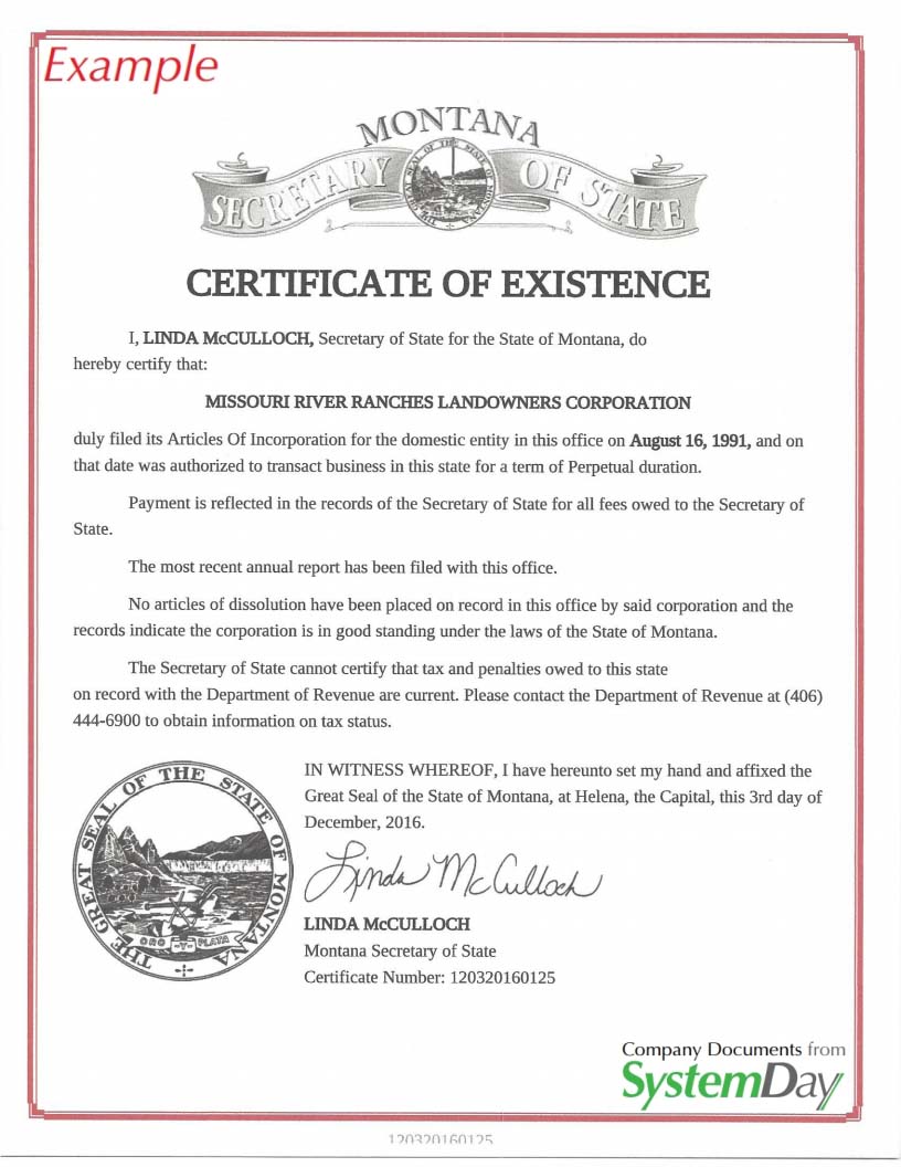 Certificate of Good Standing Montana example
