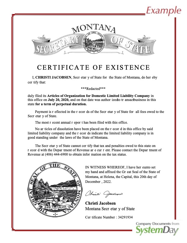 Certificate of Good Standing Montana example