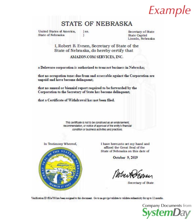 Certificate of Good Standing Nebraska example