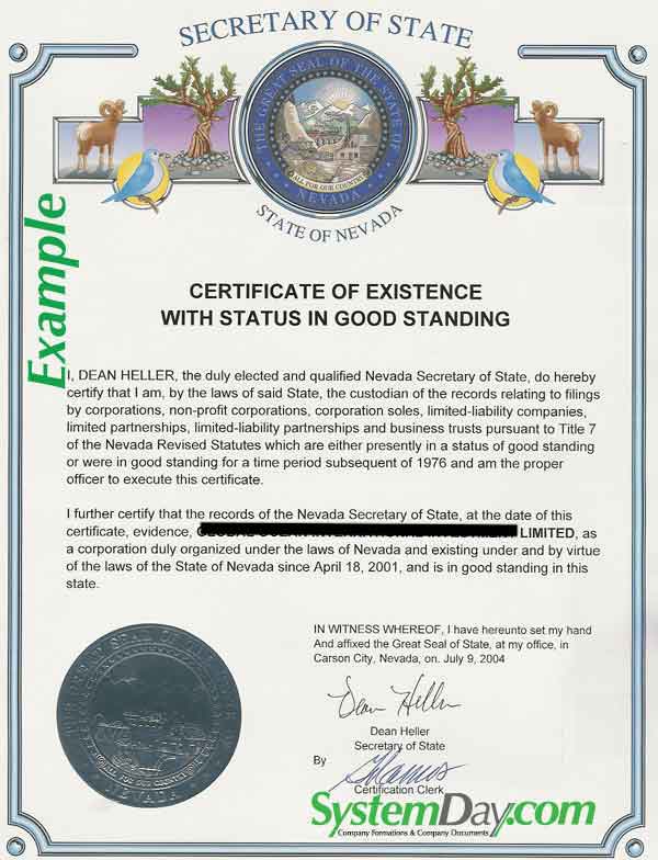 Certificate of Good Standing Nevada example