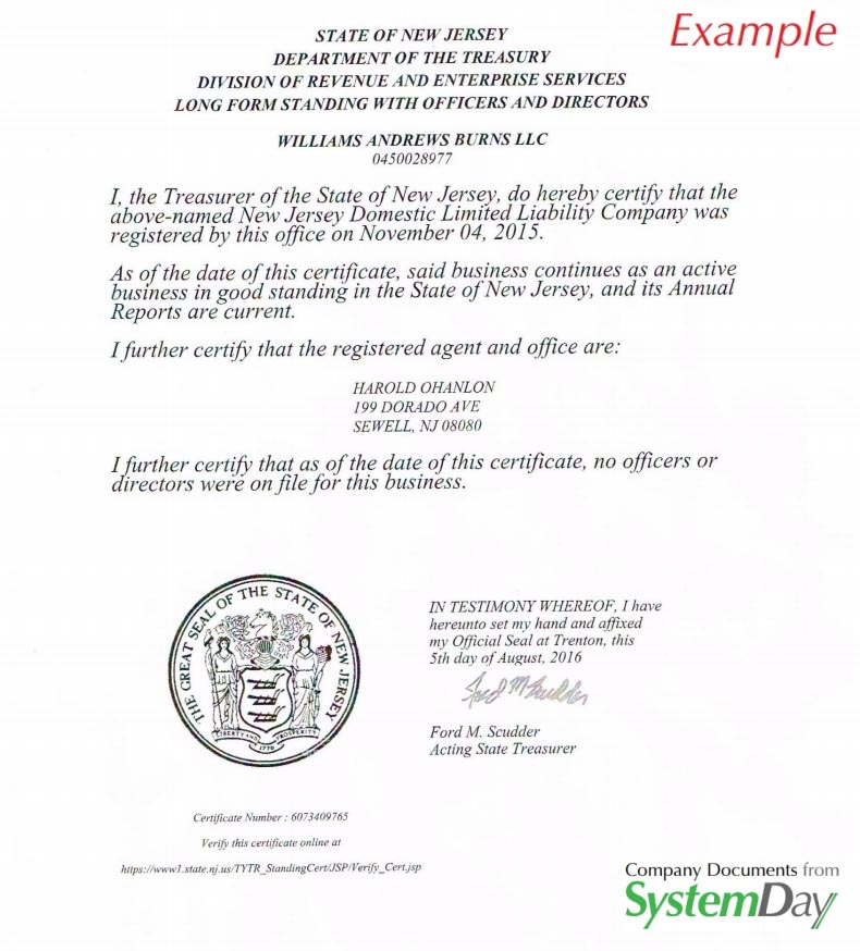 Certificate of Good Standing New Jersey example