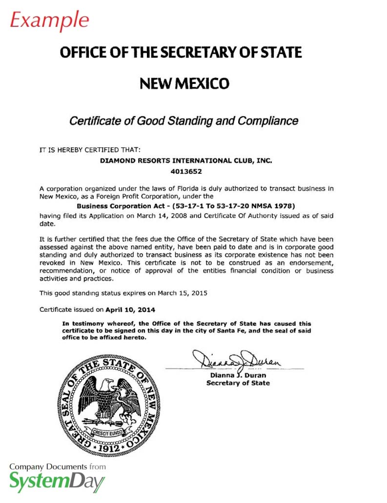 Certificate of Good Standing New Mexico example