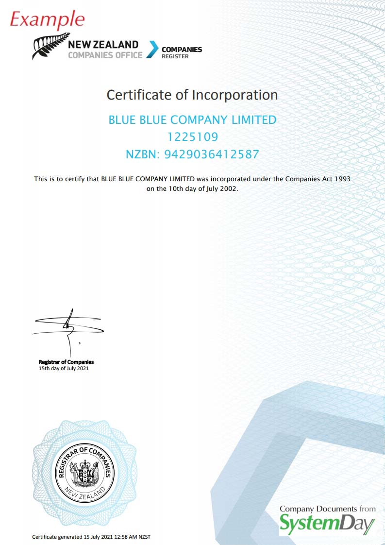 New Zealand Certificate of Incorporation