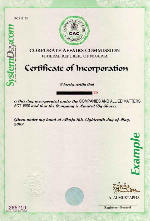 Nigeria Certificate of Incorporation
