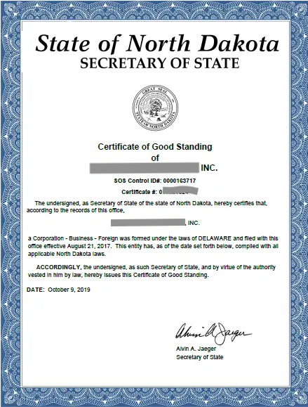 Certificate of Good Standing North Dakota example
