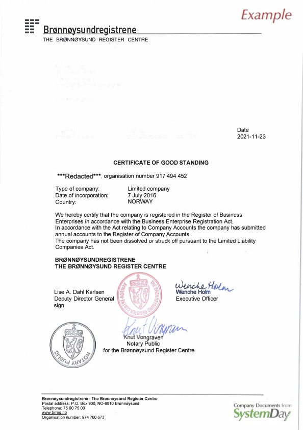 Certificate of Good Standing Norway example