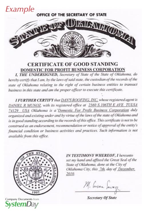 Certificate of Good Standing Oklahoma 