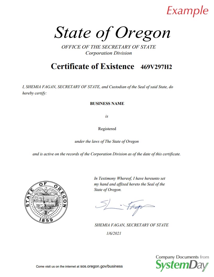 Certificate of Good Standing Oregon example