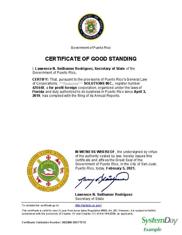 Certificate of Good Standing Puerto Rico example