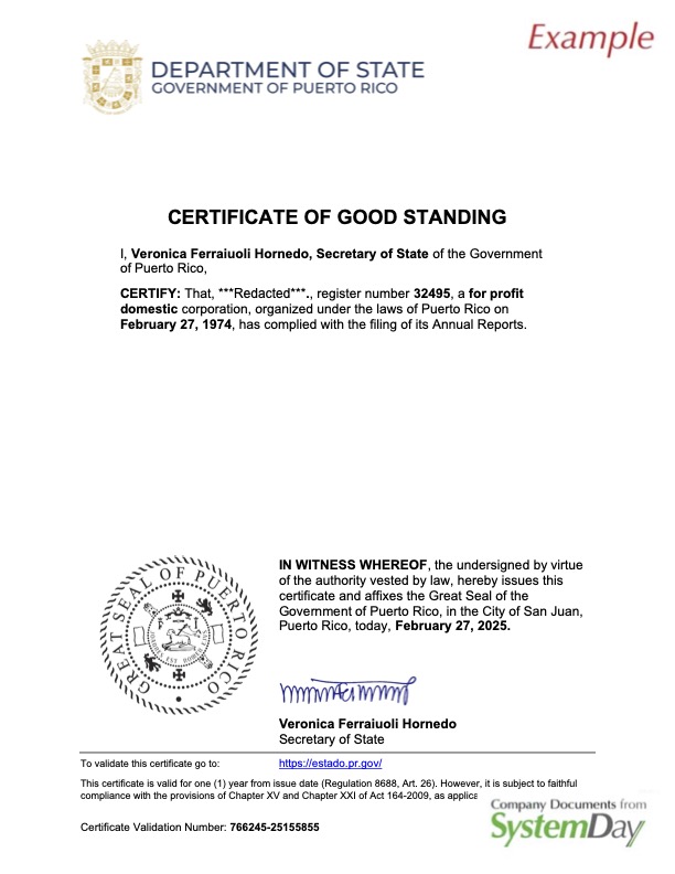 Certificate of Good Standing Puerto Rico example