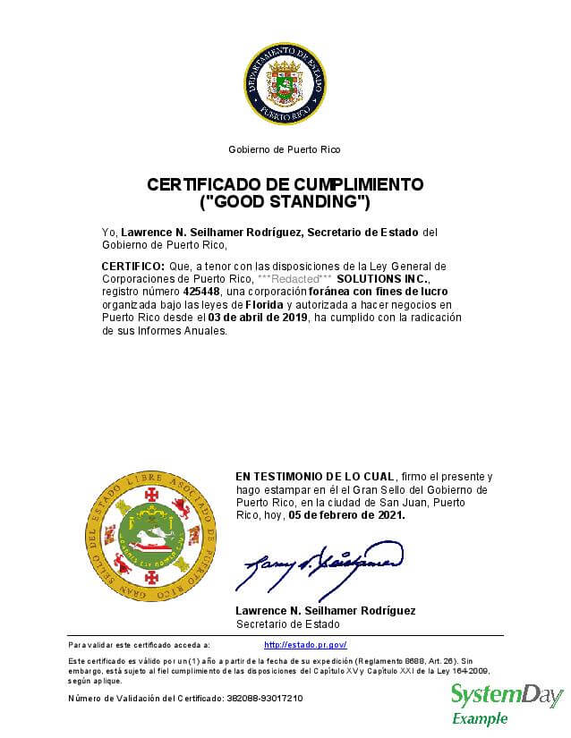 Certificate of Good Standing Puerto Rico Spanish
