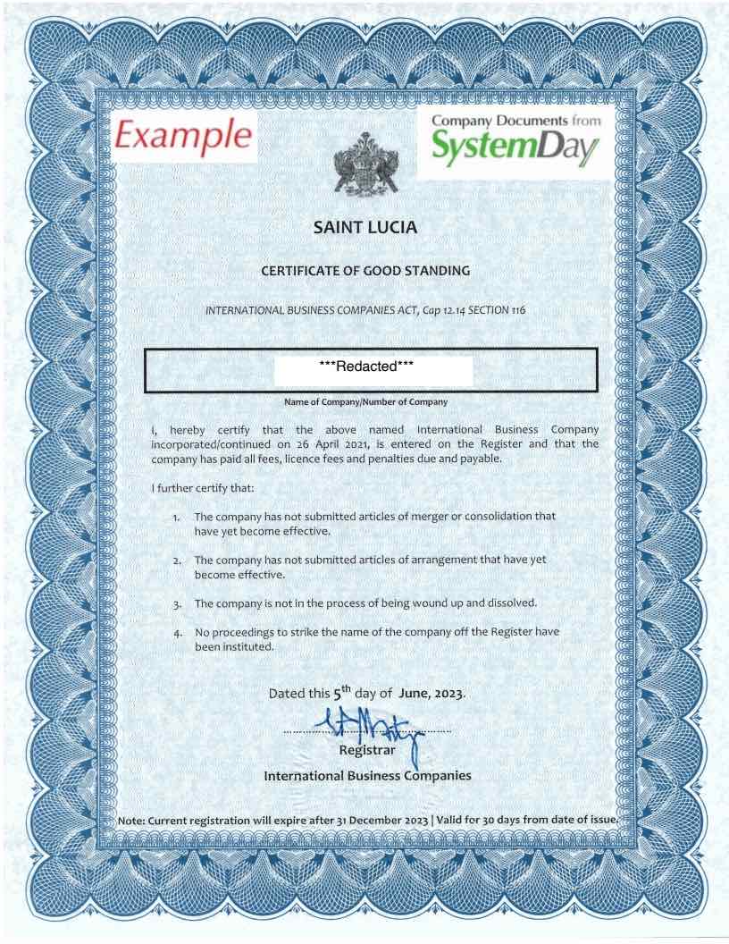 Certificate of Good Standing St Lucia example